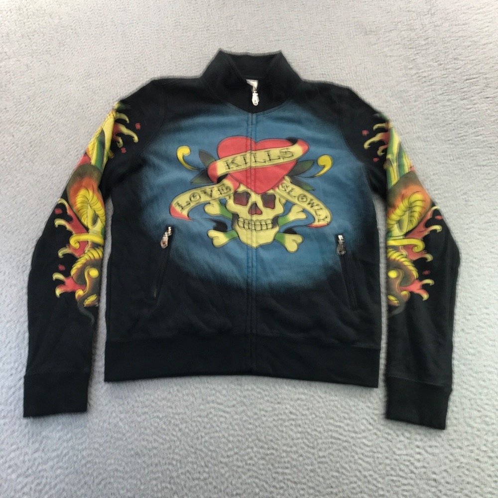 Vintage Y2K Ed Hardy Jacket Womens Large Black Embroidered Skull Love Kills Zip - Picture 3 of 16